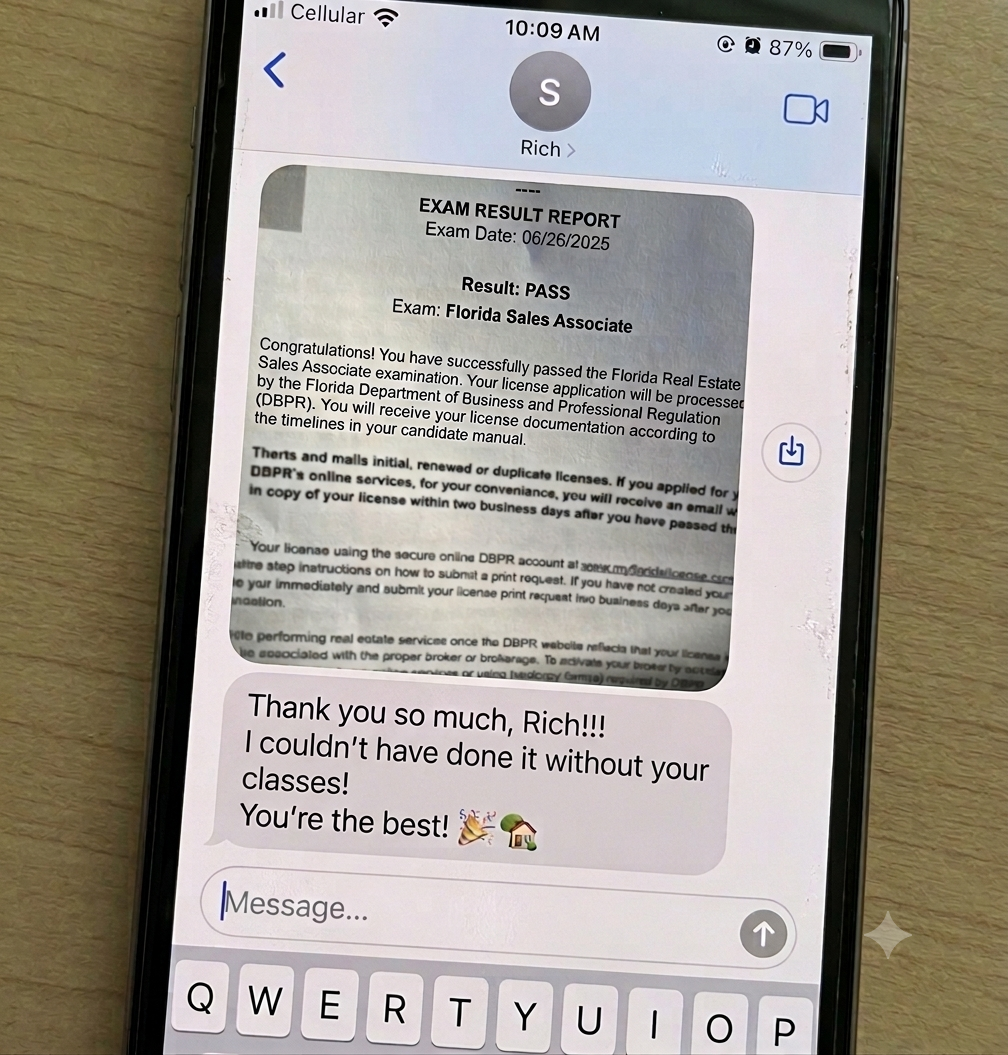 Text message from a student who passed the Florida Sales Associate exam